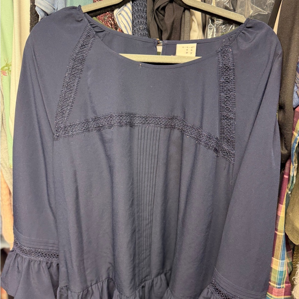 a new day Navy Blue Blouse with Lace Accents